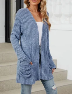 Online Women's Sweater Cardigan Elegant Fashion Streetwear Pure Color Open Front Pocket Knitted Long Sleeve Regular Tops Knit Outdoor Daily Weekend Pink Blue Fall Winter Women Cardigans & Outerwears