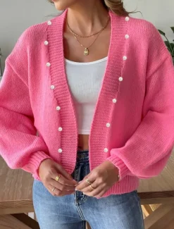 Hot Women's Sweater Cardigan Elegant Casual Soft Pure Color Ribbed V Neck Beaded Knitted Long Sleeve Regular Tops Knit Outdoor Daily Weekend Fall Winter Women Cardigans & Outerwears