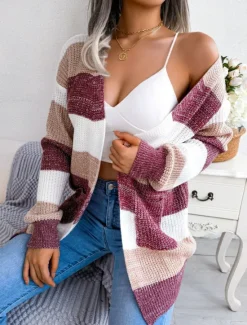 Hot Women's Sweater Cardigan Elegant Fashion Streetwear Striped Pure Color Open Front Knitted Long Sleeve Regular Tops Knit Outdoor Daily Weekend Black Wine Fall Winter Women Cardigans & Outerwears