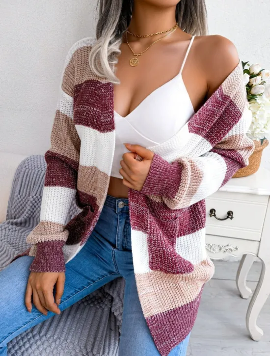 Hot Women's Sweater Cardigan Elegant Fashion Streetwear Striped Pure Color Open Front Knitted Long Sleeve Regular Tops Knit Outdoor Daily Weekend Black Wine Fall Winter Women Cardigans & Outerwears