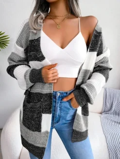 Hot Women's Sweater Cardigan Elegant Fashion Streetwear Striped Pure Color Open Front Knitted Long Sleeve Regular Tops Knit Outdoor Daily Weekend Black Wine Fall Winter Women Cardigans & Outerwears