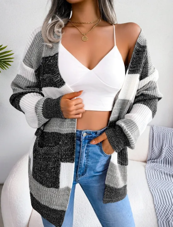 Hot Women's Sweater Cardigan Elegant Fashion Streetwear Striped Pure Color Open Front Knitted Long Sleeve Regular Tops Knit Outdoor Daily Weekend Black Wine Fall Winter Women Cardigans & Outerwears
