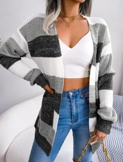 Hot Women's Sweater Cardigan Elegant Fashion Streetwear Striped Pure Color Open Front Knitted Long Sleeve Regular Tops Knit Outdoor Daily Weekend Black Wine Fall Winter Women Cardigans & Outerwears