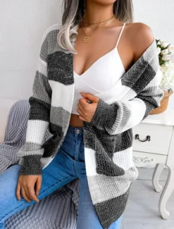 Hot Women's Sweater Cardigan Elegant Fashion Streetwear Striped Pure Color Open Front Knitted Long Sleeve Regular Tops Knit Outdoor Daily Weekend Black Wine Fall Winter Women Cardigans & Outerwears