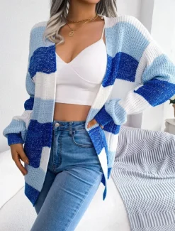 Hot Women's Sweater Cardigan Elegant Fashion Streetwear Striped Pure Color Open Front Knitted Long Sleeve Regular Tops Knit Outdoor Daily Weekend Black Wine Fall Winter Women Cardigans & Outerwears