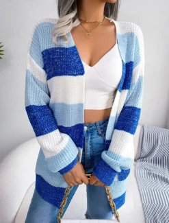 Hot Women's Sweater Cardigan Elegant Fashion Streetwear Striped Pure Color Open Front Knitted Long Sleeve Regular Tops Knit Outdoor Daily Weekend Black Wine Fall Winter Women Cardigans & Outerwears