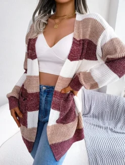 Hot Women's Sweater Cardigan Elegant Fashion Streetwear Striped Pure Color Open Front Knitted Long Sleeve Regular Tops Knit Outdoor Daily Weekend Black Wine Fall Winter Women Cardigans & Outerwears