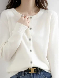 Discount Women's Sweater Cardigan Elegant Fashion Streetwear Pure Color Crew Neck Pocket Knitted Long Sleeve Regular Tops Knit Outdoor Daily Weekend Black White Fall Winter Women Cardigans & Outerwears