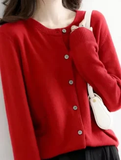 Discount Women's Sweater Cardigan Elegant Fashion Streetwear Pure Color Crew Neck Pocket Knitted Long Sleeve Regular Tops Knit Outdoor Daily Weekend Black White Fall Winter Women Cardigans & Outerwears