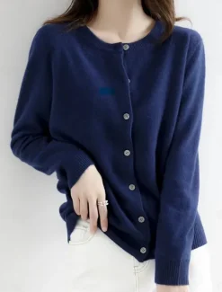 Discount Women's Sweater Cardigan Elegant Fashion Streetwear Pure Color Crew Neck Pocket Knitted Long Sleeve Regular Tops Knit Outdoor Daily Weekend Black White Fall Winter Women Cardigans & Outerwears