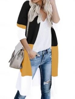 Women's Sweater Cardigan Elegant Fashion Streetwear Striped Open Front Pocket Knitted Long Sleeve Long Tops Knit Outdoor Daily Weekend Black Yellow Fall Winter Women Cardigans & Outerwears
