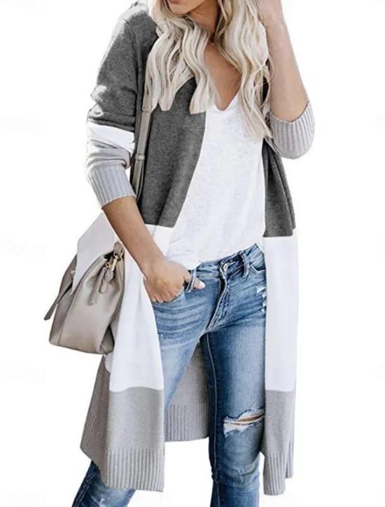 Women's Sweater Cardigan Elegant Fashion Streetwear Striped Open Front Pocket Knitted Long Sleeve Long Tops Knit Outdoor Daily Weekend Black Yellow Fall Winter Women Cardigans & Outerwears