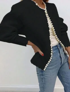 Outlet Women's Sweater Cardigan Elegant Fashion Streetwear Pure Color Crew Neck Beaded Knitted Long Sleeve Regular Tops Knit Outdoor Daily Weekend Fall Winter Women Cardigans & Outerwears