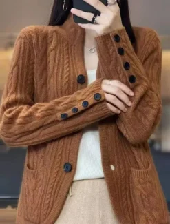 Hot Women's Sweater Cardigan Elegant Fashion Streetwear Pure Color Stand Collar Pocket Knitted Long Sleeve Regular Tops Knit Outdoor Daily Weekend White Brown Fall Winter Women Cardigans & Outerwears