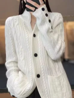 Hot Women's Sweater Cardigan Elegant Fashion Streetwear Pure Color Stand Collar Pocket Knitted Long Sleeve Regular Tops Knit Outdoor Daily Weekend White Brown Fall Winter Women Cardigans & Outerwears