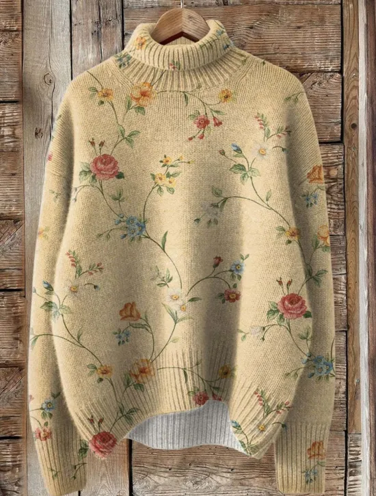 Sale Women's Sweater Cardigan Elegant Fashion Streetwear Floral Turtleneck Floral Buttons Knitted Long Sleeve Regular Tops Knit Outdoor Daily Weekend Yellow Navy Blue Fall Winter Women Cardigans & Outerwears|Pullovers & Tops