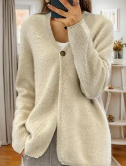Women's Sweater Cardigan Sweater Jacket V Neck Knit Button Knitted Spring Fall Home Daily Weekend Elegant Daily Soft Long Sleeve Pure Color Camel Beige Women Cardigans & Outerwears