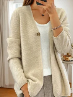 Women's Sweater Cardigan Sweater Jacket V Neck Knit Button Knitted Spring Fall Home Daily Weekend Elegant Daily Soft Long Sleeve Pure Color Camel Beige Women Cardigans & Outerwears