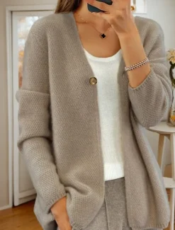 Women's Sweater Cardigan Sweater Jacket V Neck Knit Button Knitted Spring Fall Home Daily Weekend Elegant Daily Soft Long Sleeve Pure Color Camel Beige Women Cardigans & Outerwears