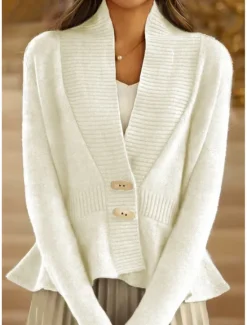 Discount Women's Sweater Cardigan Sweater Jacket V Neck Knit Ruffle Button Knitted Spring Fall Home Daily Weekend Vintage Daily Soft Long Sleeve Pure Color Black White Women Cardigans & Outerwears