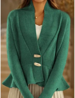 Discount Women's Sweater Cardigan Sweater Jacket V Neck Knit Ruffle Button Knitted Spring Fall Home Daily Weekend Vintage Daily Soft Long Sleeve Pure Color Black White Women Cardigans & Outerwears