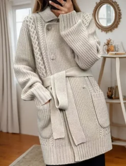 Women's Sweater Cardigan Sweater Jacket Shirt Collar Cable Knit Lace up Button Pocket Spring Fall Home Daily Weekend Vintage Daily Casual Long Sleeve Pure Color Women Cardigans & Outerwears