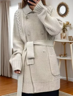 Women's Sweater Cardigan Sweater Jacket Shirt Collar Cable Knit Lace up Button Pocket Spring Fall Home Daily Weekend Vintage Daily Casual Long Sleeve Pure Color Women Cardigans & Outerwears