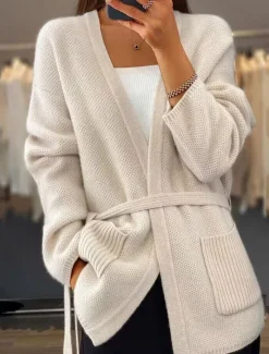 Discount Women's Sweater Cardigan Sweater Jacket V Neck Knit Lace up Pocket Knitted Drop Shoulder Spring Fall Home Daily Weekend Daily Casual Soft Long Sleeve Pure Color Camel Beige Women Cardigans & Outerwears