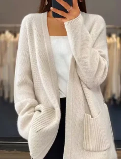 Discount Women's Sweater Cardigan Sweater Jacket V Neck Knit Lace up Pocket Knitted Drop Shoulder Spring Fall Home Daily Weekend Daily Casual Soft Long Sleeve Pure Color Camel Beige Women Cardigans & Outerwears