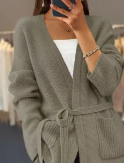 Discount Women's Sweater Cardigan Sweater Jacket V Neck Knit Lace up Pocket Knitted Drop Shoulder Spring Fall Home Daily Weekend Daily Casual Soft Long Sleeve Pure Color Camel Beige Women Cardigans & Outerwears