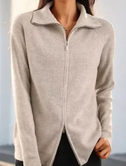 Outlet Women's Sweater Cardigan Sweater Jacket Shirt Collar Knit Polyester Zipper Knitted Spring Fall Home Daily Weekend Daily Casual Soft Long Sleeve Pure Color Wine Red Black Women Cardigans & Outerwears