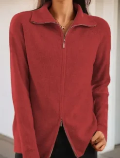 Outlet Women's Sweater Cardigan Sweater Jacket Shirt Collar Knit Polyester Zipper Knitted Spring Fall Home Daily Weekend Daily Casual Soft Long Sleeve Pure Color Wine Red Black Women Cardigans & Outerwears