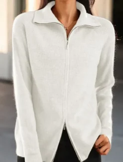 Outlet Women's Sweater Cardigan Sweater Jacket Shirt Collar Knit Polyester Zipper Knitted Spring Fall Home Daily Weekend Daily Casual Soft Long Sleeve Pure Color Wine Red Black Women Cardigans & Outerwears