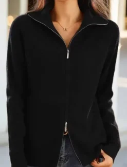 Outlet Women's Sweater Cardigan Sweater Jacket Shirt Collar Knit Polyester Zipper Knitted Spring Fall Home Daily Weekend Daily Casual Soft Long Sleeve Pure Color Wine Red Black Women Cardigans & Outerwears
