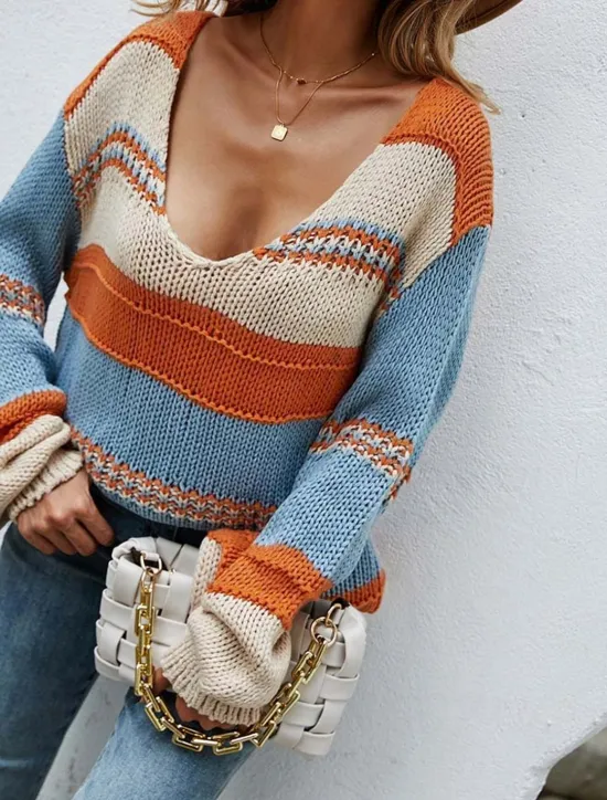 Outlet Women's Sweater Casual Color Block Deep V Knitted Long Sleeve Long Tops Knit Home Work Red Blue Fall Winter Women Pullovers & Tops