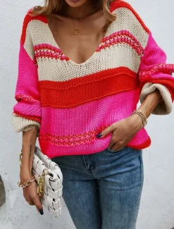 Outlet Women's Sweater Casual Color Block Deep V Knitted Long Sleeve Long Tops Knit Home Work Red Blue Fall Winter Women Pullovers & Tops