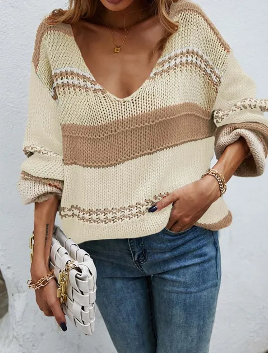 Outlet Women's Sweater Casual Color Block Deep V Knitted Long Sleeve Long Tops Knit Home Work Red Blue Fall Winter Women Pullovers & Tops