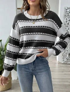 Hot Women's Sweater Casual Graphic Striped Crew Neck Knitted Long Sleeve Regular Tops Knit Home Work Daily Black Brown Fall Winter Women Pullovers & Tops