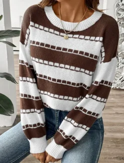 Hot Women's Sweater Casual Graphic Striped Crew Neck Knitted Long Sleeve Regular Tops Knit Home Work Daily Black Brown Fall Winter Women Pullovers & Tops