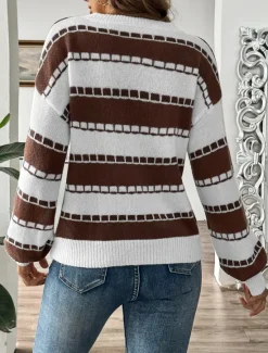 Hot Women's Sweater Casual Graphic Striped Crew Neck Knitted Long Sleeve Regular Tops Knit Home Work Daily Black Brown Fall Winter Women Pullovers & Tops
