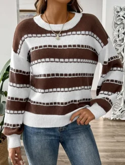 Hot Women's Sweater Casual Graphic Striped Crew Neck Knitted Long Sleeve Regular Tops Knit Home Work Daily Black Brown Fall Winter Women Pullovers & Tops