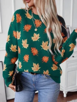 Hot Women's Sweater Casual Graphic Crew Neck Print Long Sleeve Regular Tops Knit Weekend Black Green Fall Winter Women Pullovers & Tops