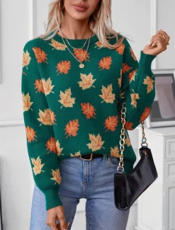 Hot Women's Sweater Casual Graphic Crew Neck Print Long Sleeve Regular Tops Knit Weekend Black Green Fall Winter Women Pullovers & Tops