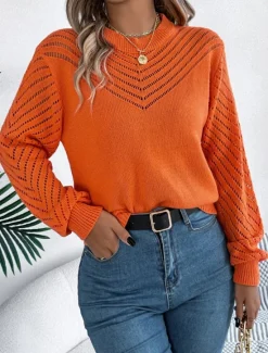 Hot Women's Sweater Casual Soft Pure Color Ribbed Crew Neck Knitted Hole Long Sleeve Regular Tops Knit Outdoor Daily Weekend White Orange Fall Winter Women Pullovers & Tops