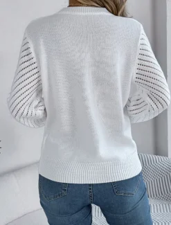 Hot Women's Sweater Casual Soft Pure Color Ribbed Crew Neck Knitted Hole Long Sleeve Regular Tops Knit Outdoor Daily Weekend White Orange Fall Winter Women Pullovers & Tops