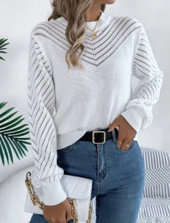 Hot Women's Sweater Casual Soft Pure Color Ribbed Crew Neck Knitted Hole Long Sleeve Regular Tops Knit Outdoor Daily Weekend White Orange Fall Winter Women Pullovers & Tops