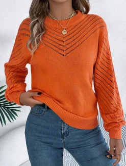 Hot Women's Sweater Casual Soft Pure Color Ribbed Crew Neck Knitted Hole Long Sleeve Regular Tops Knit Outdoor Daily Weekend White Orange Fall Winter Women Pullovers & Tops