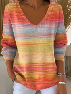 Hot Women's Sweater Casual Soft Floral Striped Ribbed V Neck Knitted Long Sleeve Regular Tops Knit Outdoor Daily Weekend Blue Purple Spring Fall Women Pullovers & Tops