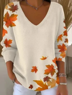 Hot Women's Sweater Casual Soft Floral Striped Ribbed V Neck Knitted Long Sleeve Regular Tops Knit Outdoor Daily Weekend Blue Purple Spring Fall Women Pullovers & Tops