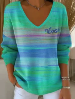 Hot Women's Sweater Casual Soft Floral Striped Ribbed V Neck Knitted Long Sleeve Regular Tops Knit Outdoor Daily Weekend Blue Purple Spring Fall Women Pullovers & Tops